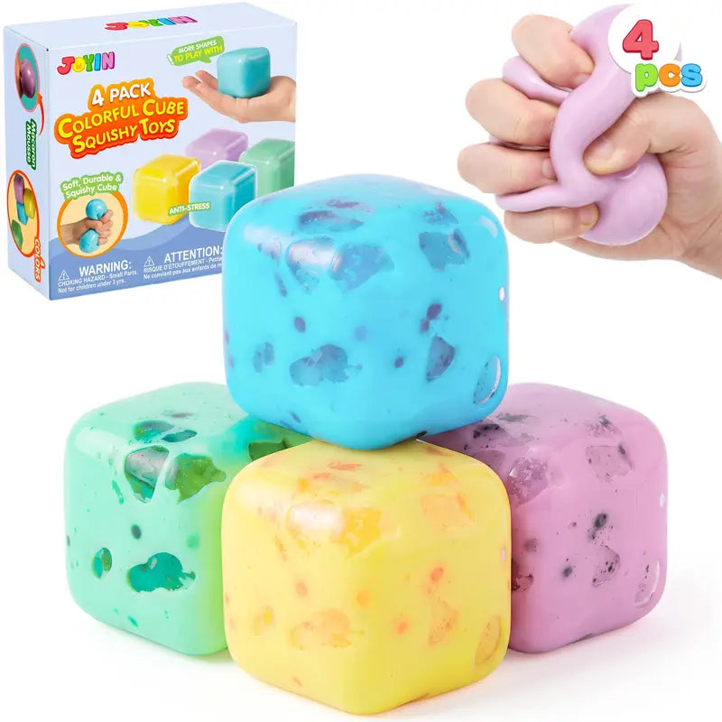 JOYIN 4 Pack Stress Cube / 1 Pcs Stress Cube, 2'' High Density Cube Fidget Toy, Stress Relief with Slow Rising Sensory Squishy Toys for Kids Adults, Birthday Gifts, Party Favors, Classroom Prizes for Boys Girls, Butter Stick Squishy