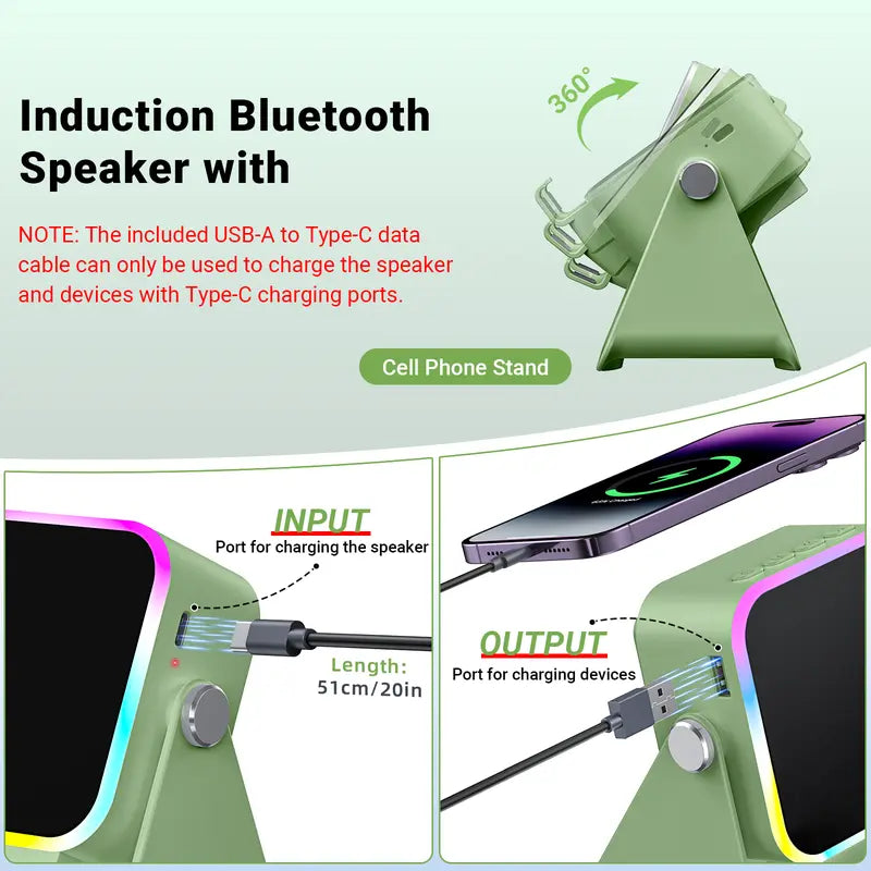 PUTARE Wireless Induction Audio Speaker Stand, 5In1 Cellphone Holder, 3500Mah Rechargeable Emergency Power Bank,360° Adjustable Mobile Tablet Stand with Colorful Ambient Light Gifts for Men Women,