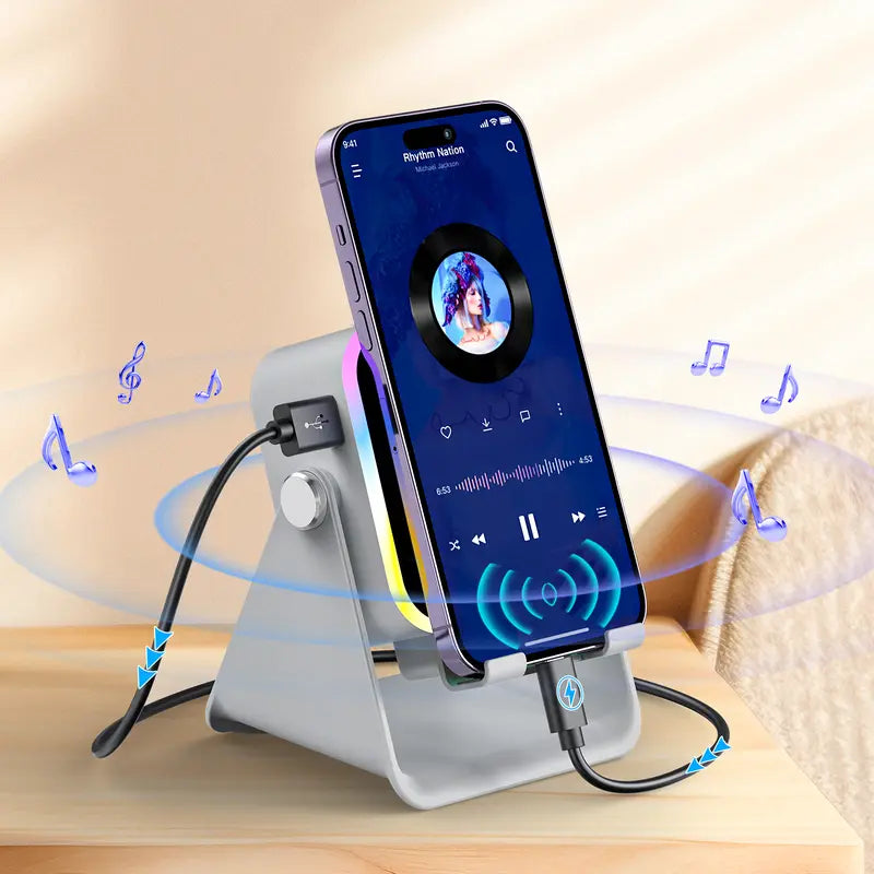 PUTARE Wireless Induction Audio Speaker Stand, 5In1 Cellphone Holder, 3500Mah Rechargeable Emergency Power Bank,360° Adjustable Mobile Tablet Stand with Colorful Ambient Light Gifts for Men Women,