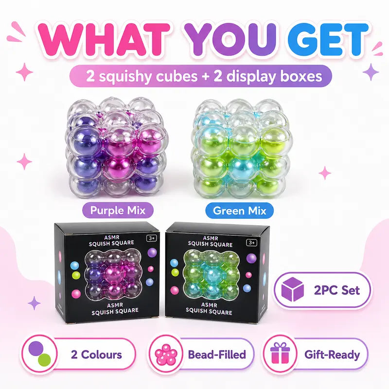 Exciting 2PC ASMR Bead-Filled Squish Cube Gift Set – Delightful Squishies with Glossy Shells & Satisfying Sounds in Purple & Green, Perfect for Kids & Sensory Fun!
