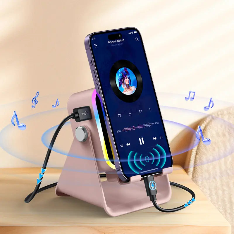 PUTARE Wireless Induction Audio Speaker Stand, 5In1 Cellphone Holder, 3500Mah Rechargeable Emergency Power Bank,360° Adjustable Mobile Tablet Stand with Colorful Ambient Light Gifts for Men Women,