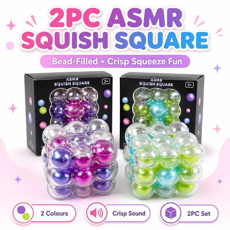 Exciting 2PC ASMR Bead-Filled Squish Cube Gift Set – Delightful Squishies with Glossy Shells & Satisfying Sounds in Purple & Green, Perfect for Kids & Sensory Fun!