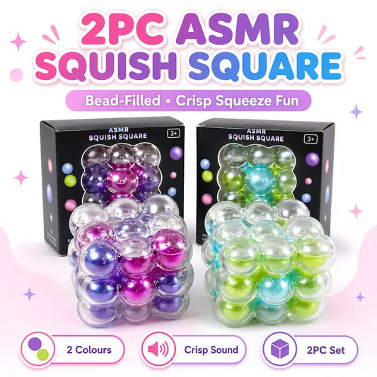 Exciting 2PC ASMR Bead-Filled Squish Cube Gift Set – Delightful Squishies with Glossy Shells & Satisfying Sounds in Purple & Green, Perfect for Kids & Sensory Fun!