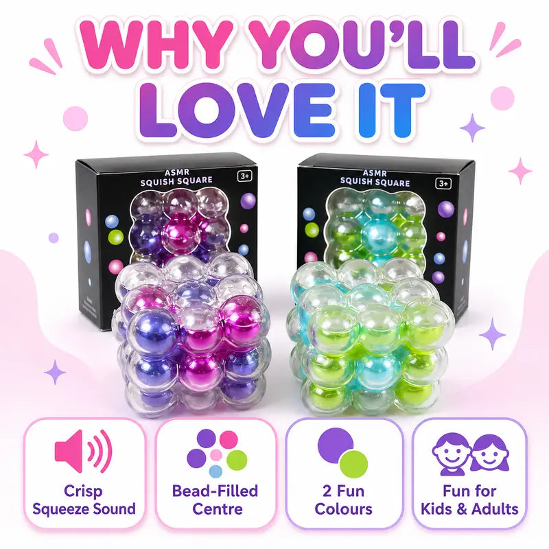 Exciting 2PC ASMR Bead-Filled Squish Cube Gift Set – Delightful Squishies with Glossy Shells & Satisfying Sounds in Purple & Green, Perfect for Kids & Sensory Fun!