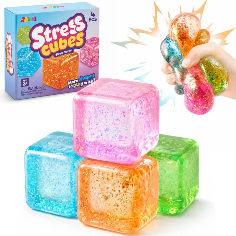 JOYIN 4 Pack Stress Cube / 1 Pcs Stress Cube, 2'' High Density Cube Fidget Toy, Stress Relief with Slow Rising Sensory Squishy Toys for Kids Adults, Birthday Gifts, Party Favors, Classroom Prizes for Boys Girls, Butter Stick Squishy