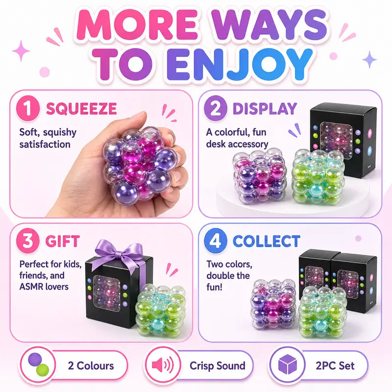 Exciting 2PC ASMR Bead-Filled Squish Cube Gift Set – Delightful Squishies with Glossy Shells & Satisfying Sounds in Purple & Green, Perfect for Kids & Sensory Fun!