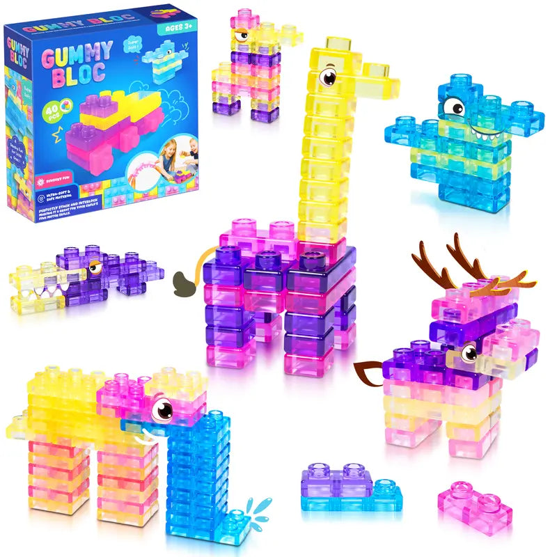 JOYSPOT Gummy Blocks Squishy Jelly Texture, Multi-Color Stacking Building Blocks Toy, Non-Toxic Sensory Play School Use, Safe Squeezable & Stretchable Stress-Relief,Gift for Kids Early Learning Preschool STEM ADHD Bathtoy Christmas Gifts, Halloween Gifts