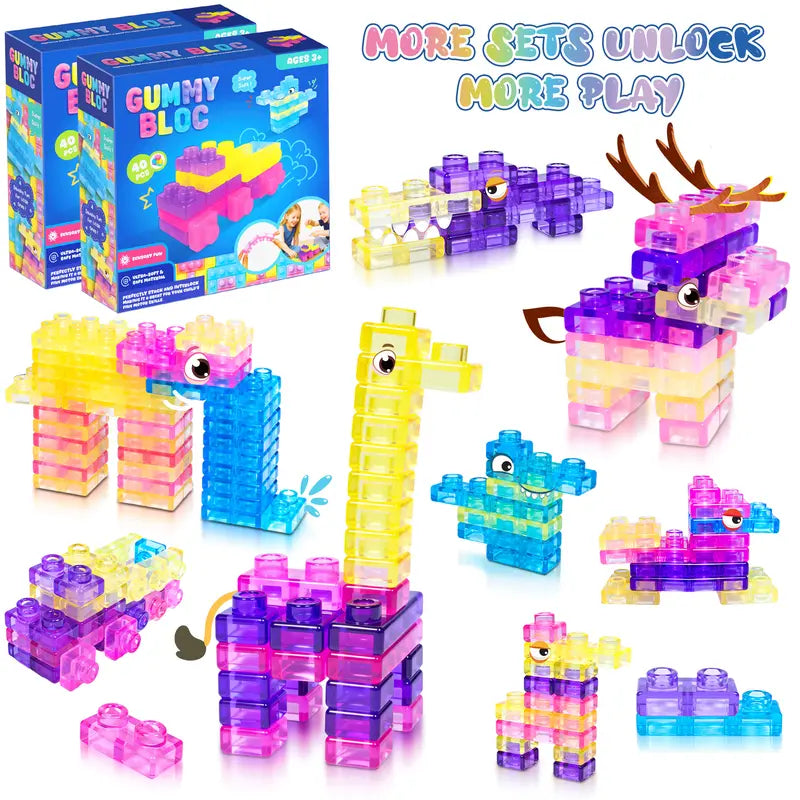 JOYSPOT Gummy Blocks Squishy Jelly Texture, Multi-Color Stacking Building Blocks Toy, Non-Toxic Sensory Play School Use, Safe Squeezable & Stretchable Stress-Relief,Gift for Kids Early Learning Preschool STEM ADHD Bathtoy Christmas Gifts, Halloween Gifts