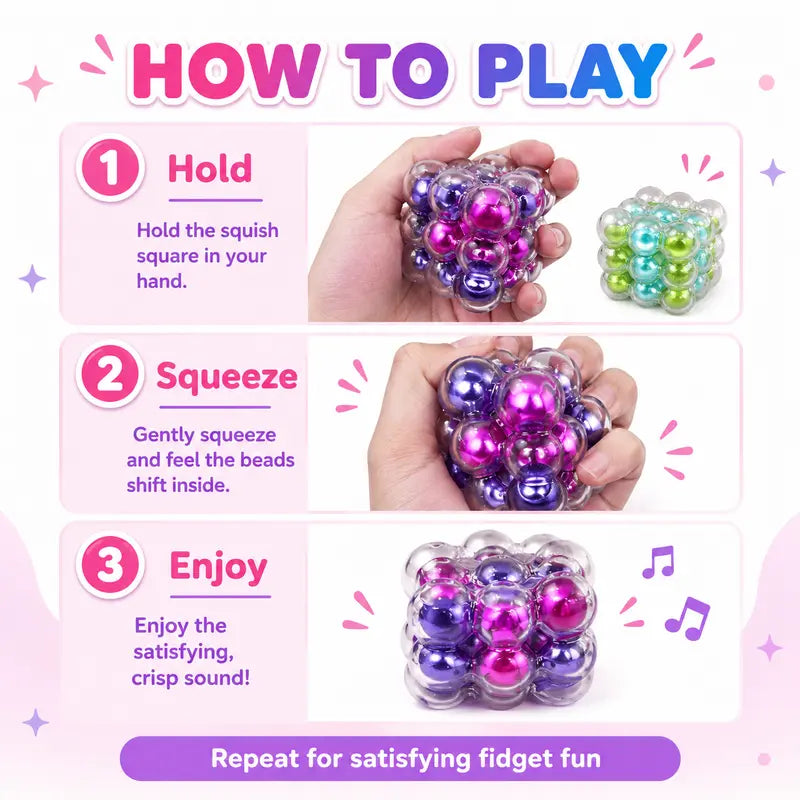Exciting 2PC ASMR Bead-Filled Squish Cube Gift Set – Delightful Squishies with Glossy Shells & Satisfying Sounds in Purple & Green, Perfect for Kids & Sensory Fun!
