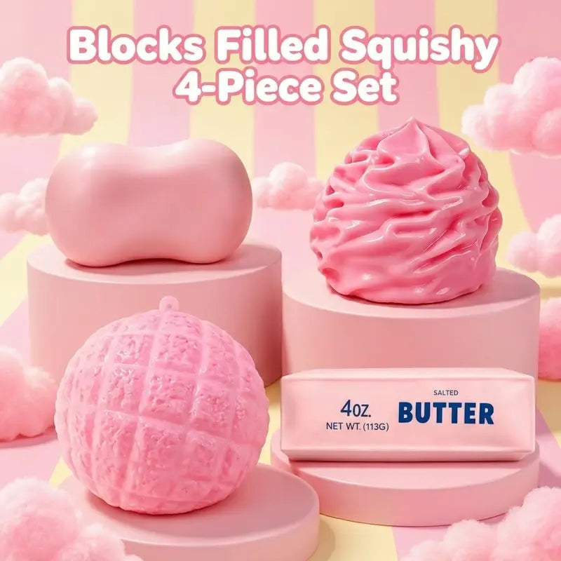 Adorable 4-Piece Kawaii Squishy Figurine Set – Stress Relief & Desktop Decor with Unique Building Block Surprise