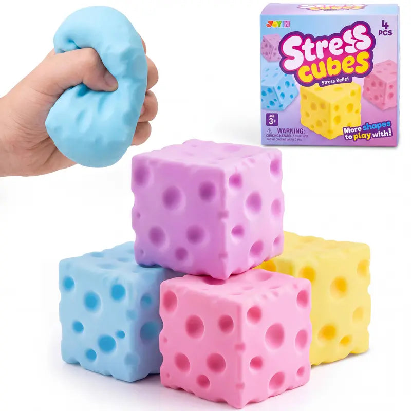 JOYIN 4 Pack Stress Cube / 1 Pcs Stress Cube, 2'' High Density Cube Fidget Toy, Stress Relief with Slow Rising Sensory Squishy Toys for Kids Adults, Birthday Gifts, Party Favors, Classroom Prizes for Boys Girls, Butter Stick Squishy