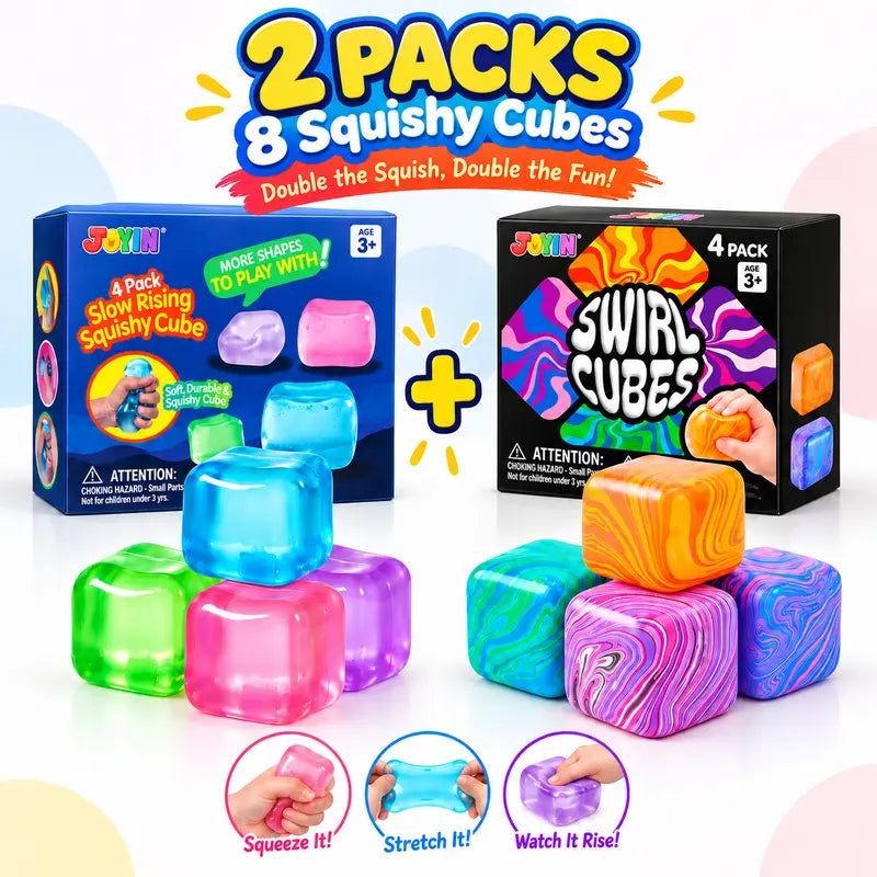 JOYIN 4 Pack Stress Cube / 1 Pcs Stress Cube, 2'' High Density Cube Fidget Toy, Stress Relief with Slow Rising Sensory Squishy Toys for Kids Adults, Birthday Gifts, Party Favors, Classroom Prizes for Boys Girls, Butter Stick Squishy